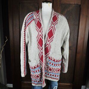 Lucky Brand Boho Geometric Print Knit Open Long Cardigan Sweater Size M